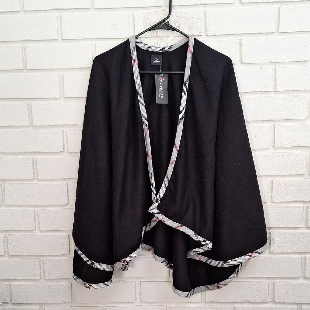 V. FRAAS Black Open Front Shawl/Cardigan with Gray Plaid Trim.  O/S NWT
